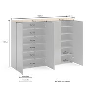 XXL-Schuhschrank XORA IDEA in Weiß/Anthrazit, Frontansicht mit geöffneten Türen, zeigt Innenfächer und Maße.