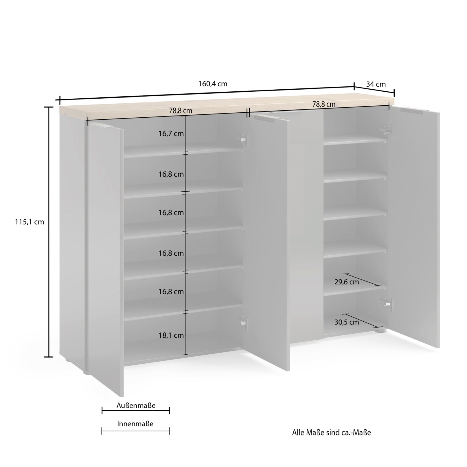 XXL-Schuhschrank XORA IDEA in Weiß/Anthrazit, Frontansicht mit geöffneten Türen, zeigt Innenfächer und Maße.