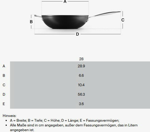 LE CREUSET Sautépfanne 28cm Schwarz SIGNATURE Sautepfanne 28cm Schwarz, seitliche Ansicht mit Maßen: Breite 28.9 cm, Tiefe 6.6 cm, Höhe 10.4 cm, Länge 56.3 cm, Fassungsvermögen 3.6 Liter.