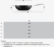 Sautepfanne 28cm Schwarz, seitliche Ansicht mit Maßen: Breite 28.9 cm, Tiefe 6.6 cm, Höhe 10.4 cm, Länge 56.3 cm, Fassungsvermögen 3.6 Liter.