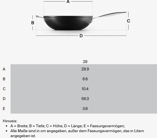 Sautepfanne 28cm Schwarz, seitliche Ansicht mit Maßen: Breite 28.9 cm, Tiefe 6.6 cm, Höhe 10.4 cm, Länge 56.3 cm, Fassungsvermögen 3.6 Liter.