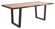 Moderner Esstisch aus Holz mit natürlicher Kante und Metallbeinen, seitliche Perspektive