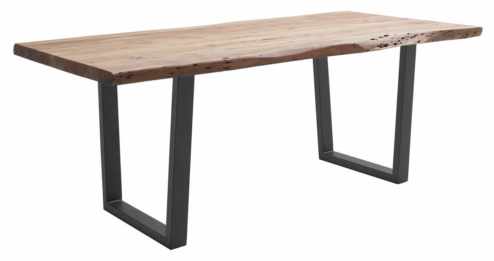 Moderner Esstisch aus Holz mit natürlicher Kante und Metallbeinen, seitliche Perspektive