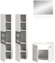 Badezimmermöbel-Set bestehend aus zwei hohen weißen Schränken mit Glastüren, einem weißen Waschbeckenunterschrank und einem rechteckigen Spiegel, frontal abgebildet.