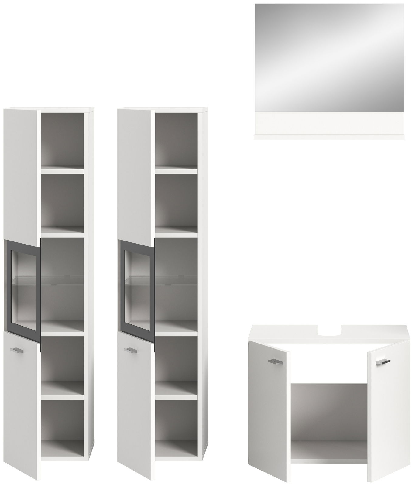 Badezimmermöbel-Set bestehend aus zwei hohen weißen Schränken mit Glastüren, einem weißen Waschbeckenunterschrank und einem rechteckigen Spiegel, frontal abgebildet.