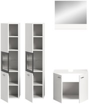 Badezimmermöbel-Set bestehend aus zwei hohen weißen Schränken mit Glastüren, einem weißen Waschbeckenunterschrank und einem rechteckigen Spiegel, frontal abgebildet.