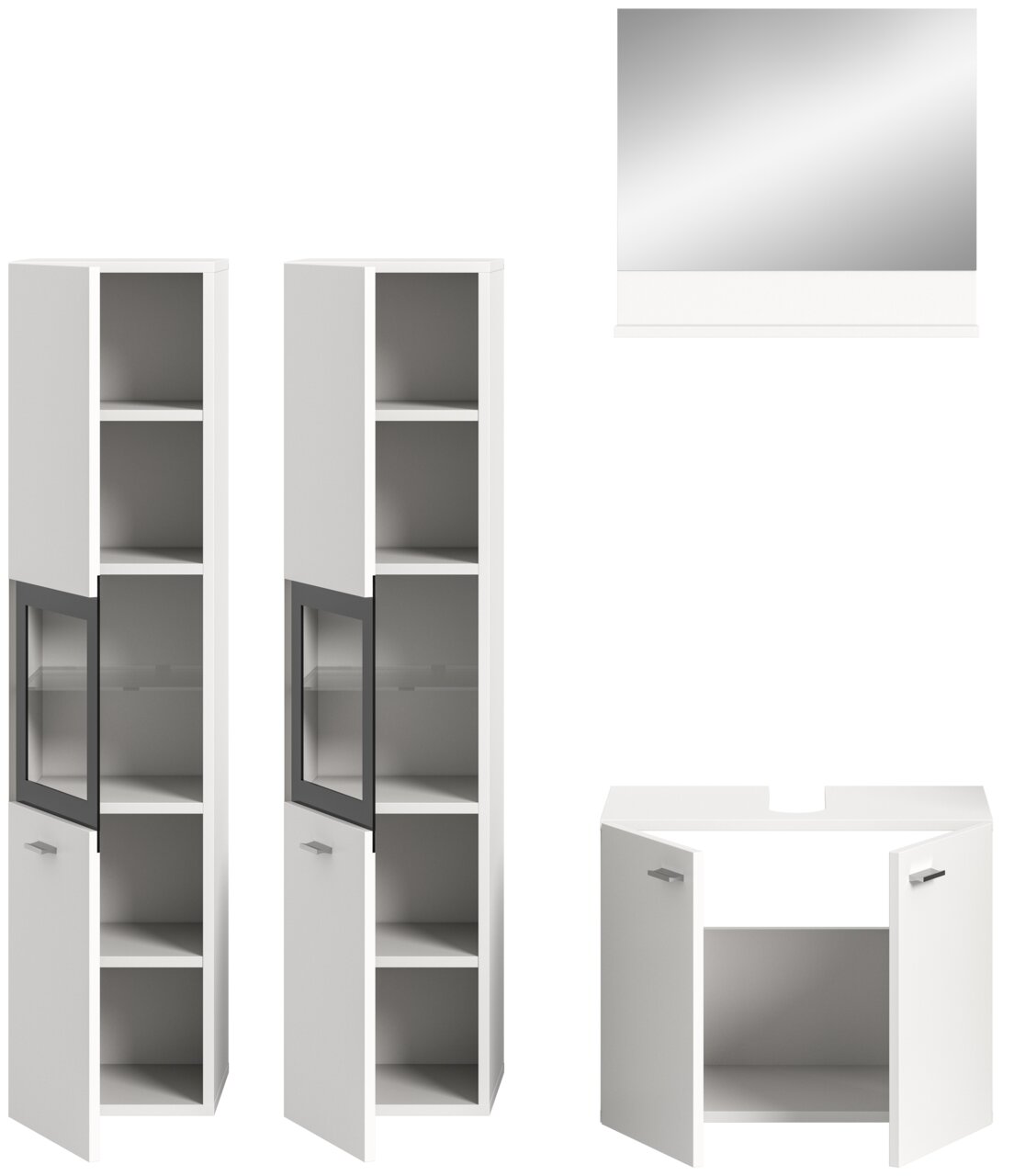 Badezimmermöbel-Set bestehend aus zwei hohen weißen Schränken mit Glastüren, einem weißen Waschbeckenunterschrank und einem rechteckigen Spiegel, frontal abgebildet.
