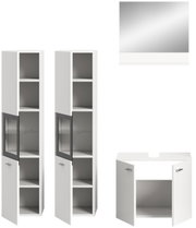 Badezimmermöbel-Set bestehend aus zwei hohen weißen Schränken mit Glastüren, einem weißen Waschbeckenunterschrank und einem rechteckigen Spiegel, frontal abgebildet.