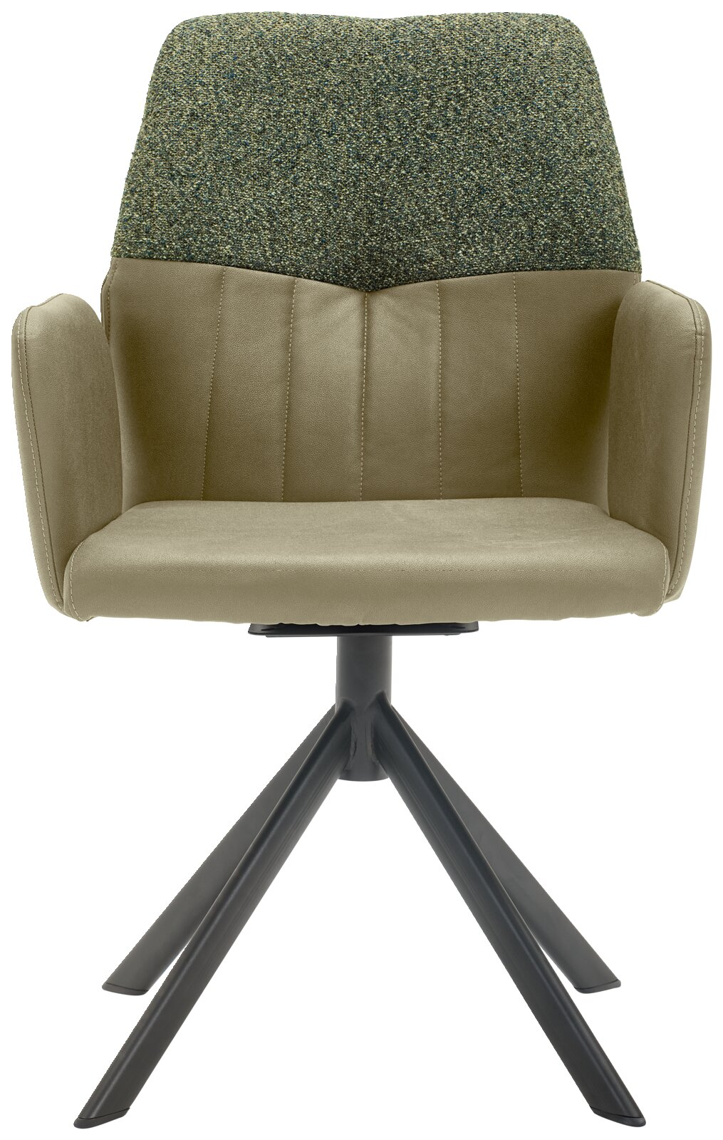 Moderne fauteuil met groene stoffen bekleding en olijfkleurig kunstleer, op een zwart metalen frame, vooraanzicht.