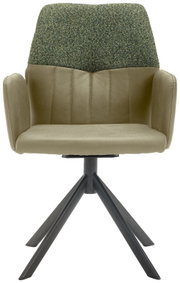 Moderne fauteuil met groene stoffen bekleding en olijfkleurig kunstleer, op een zwart metalen frame, vooraanzicht.