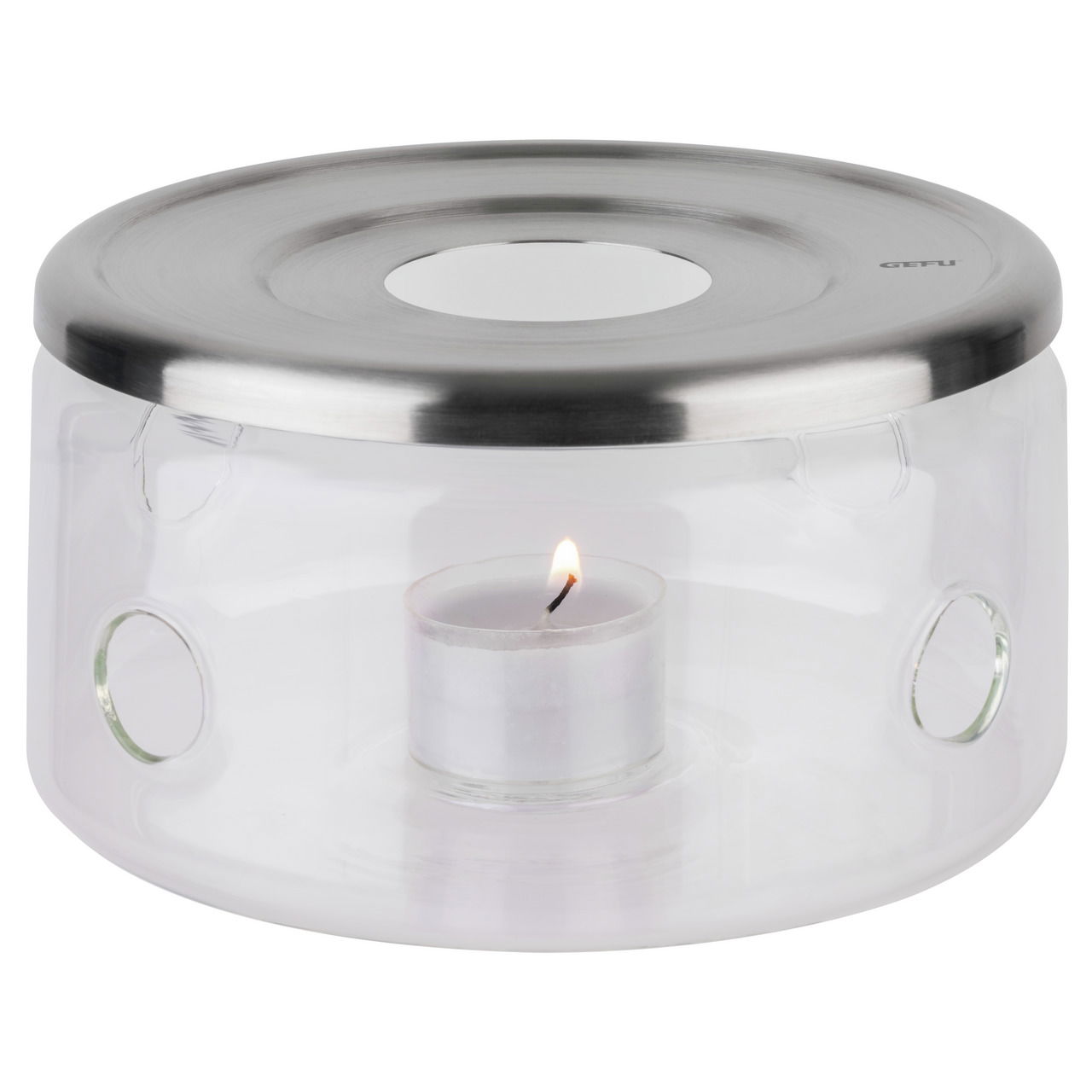 Stövchen INFUSA aus Glas mit Edelstahl-Deckel, seitliche Perspektive, mit brennendem Teelicht im Inneren