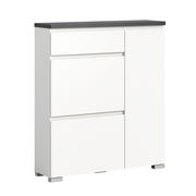 Weißer Schuhschrank mit drei Schubladen und einer Tür, Ansicht von vorne.