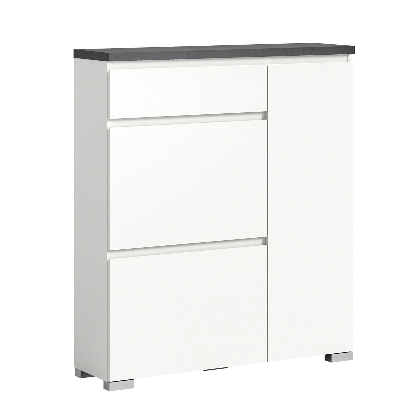 Weißer Schuhschrank mit drei Schubladen und einer Tür, Ansicht von vorne.
