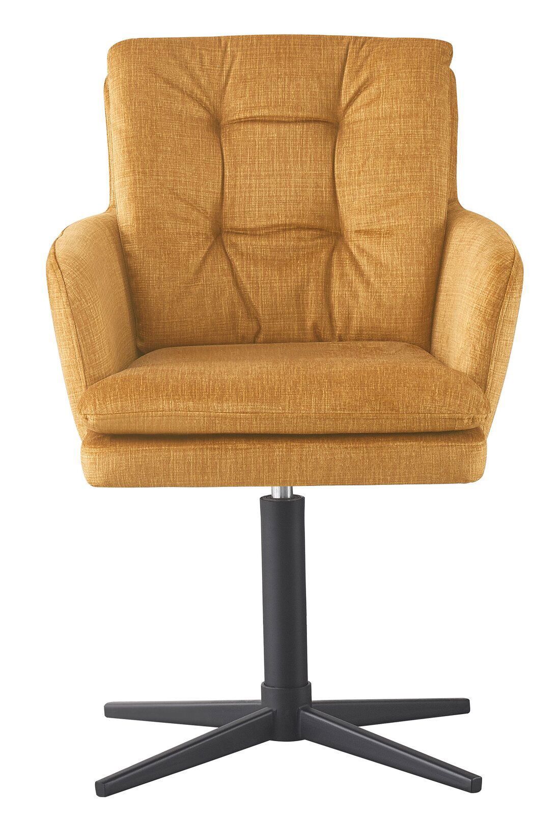 Vorderansicht eines gelben Armlehnstuhls mit schwarzem Drehfuß