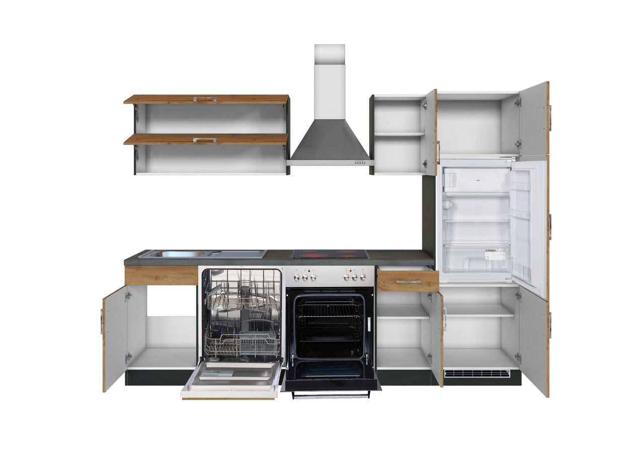 Frontale Ansicht einer modernen Küchenzeile mit offenen Schränken, eingebautem Herd, Geschirrspüler und Kühlschrank.