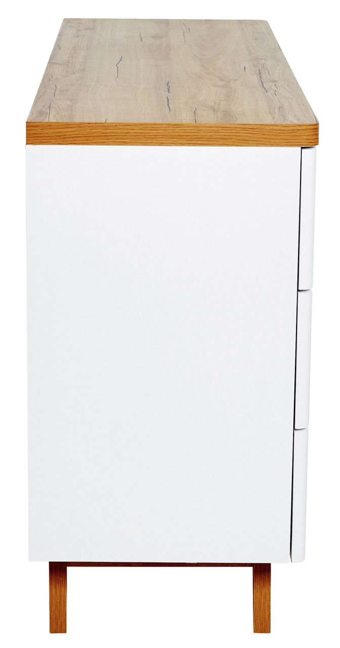Seitenansicht einer modernen Kommode mit weißem Korpus und Holzoberfläche.