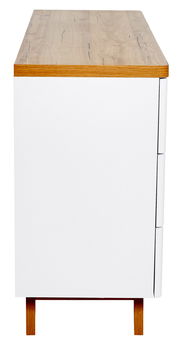 Seitenansicht einer modernen Kommode mit weißem Korpus und Holzoberfläche.