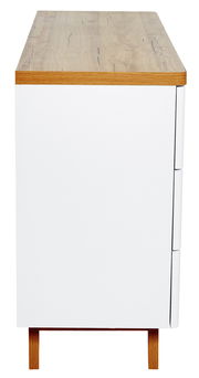 Seitenansicht einer modernen Kommode mit weißem Korpus und Holzoberfläche.