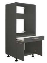 Grauer Geräteschrank mit offener Schublade und Tür, seitliche Perspektive