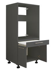 Grauer Geräteschrank mit offener Schublade und Tür, seitliche Perspektive