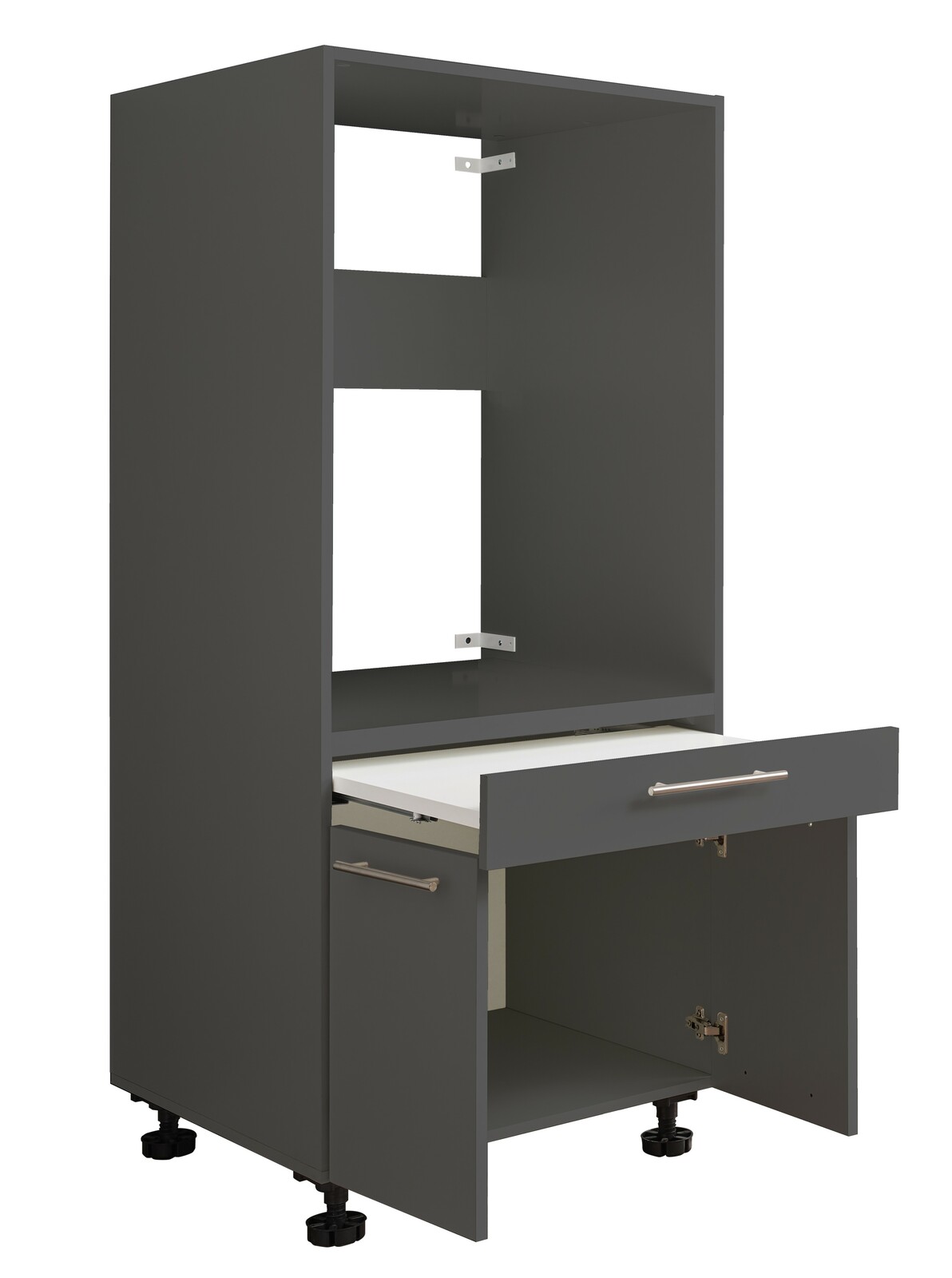 Grauer Geräteschrank mit offener Schublade und Tür, seitliche Perspektive