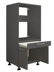 Grauer Geräteschrank mit offener Schublade und Tür, seitliche Perspektive