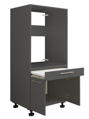 Grauer Geräteschrank mit offener Schublade und Tür, seitliche Perspektive