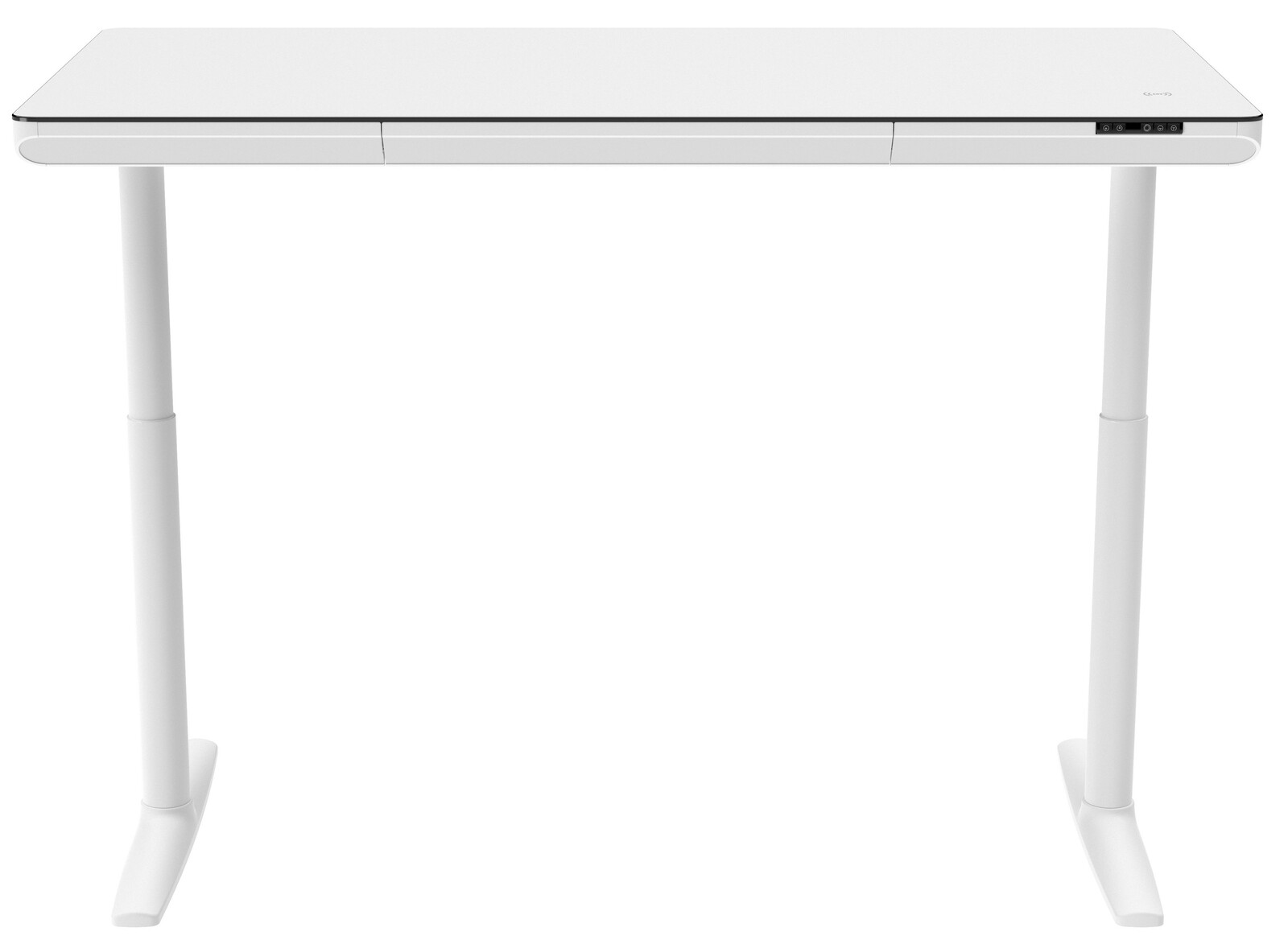 Moderner weißer E-Schreibtisch mit höhenverstellbaren Beinen, Frontalansicht