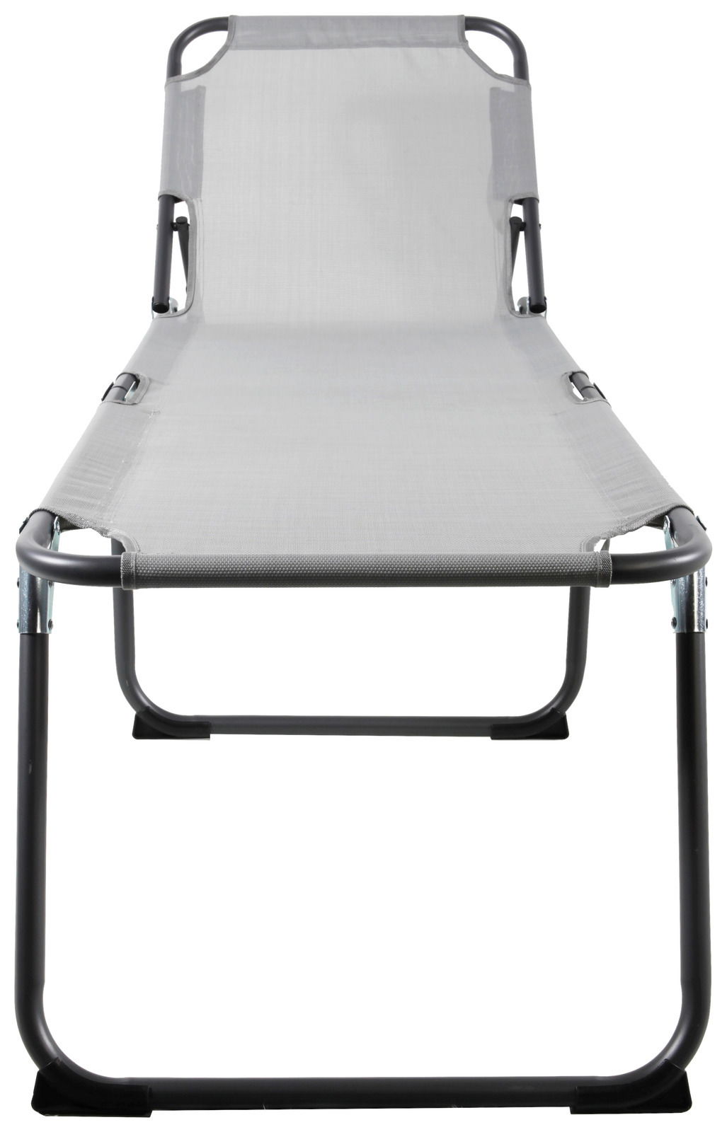 Frontansicht einer modernen, grauen Liege mit Metallrahmen und Stoffbespannung.