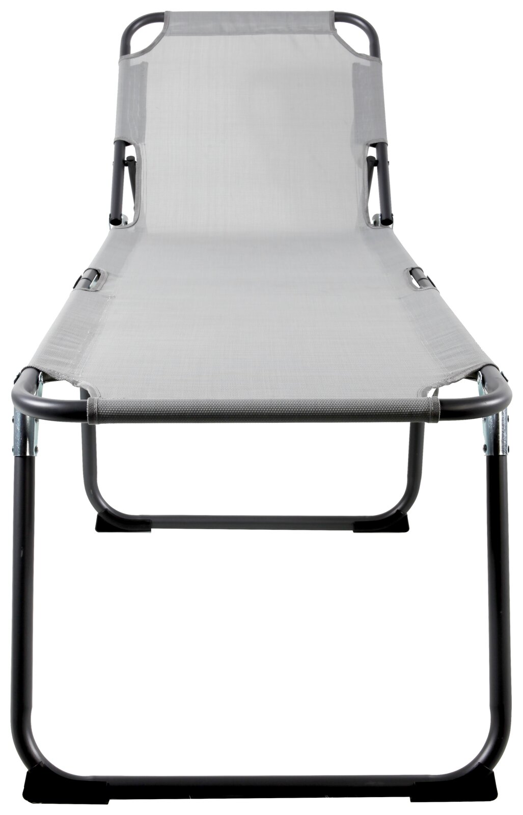 Frontansicht einer modernen, grauen Liege mit Metallrahmen und Stoffbespannung.