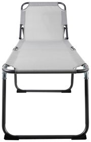 Frontansicht einer modernen, grauen Liege mit Metallrahmen und Stoffbespannung.