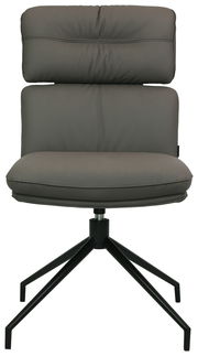 Moderner grauer Stuhl mit gepolsterter Rückenlehne und Sitzfläche, schwarzes Metallgestell, Frontalansicht