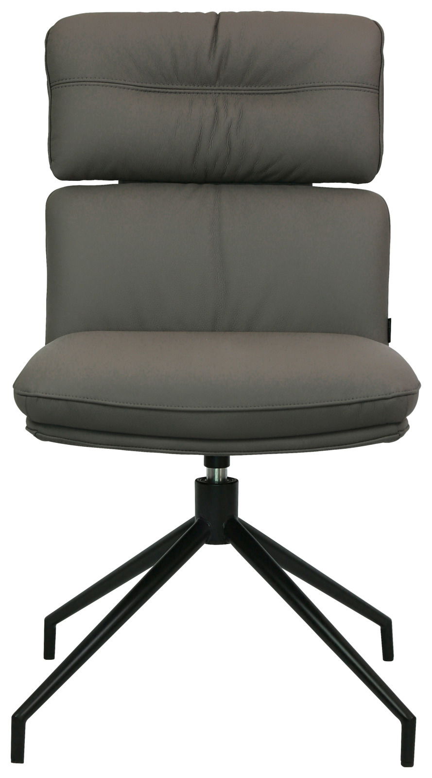 Moderner grauer Stuhl mit gepolsterter Rückenlehne und Sitzfläche, schwarzes Metallgestell, Frontalansicht