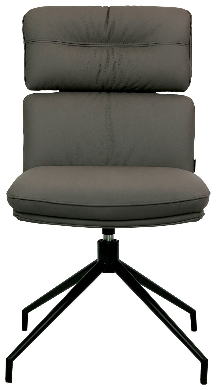 Moderner grauer Stuhl mit gepolsterter Rückenlehne und Sitzfläche, schwarzes Metallgestell, Frontalansicht