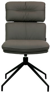 Moderner grauer Stuhl mit gepolsterter Rückenlehne und Sitzfläche, schwarzes Metallgestell, Frontalansicht