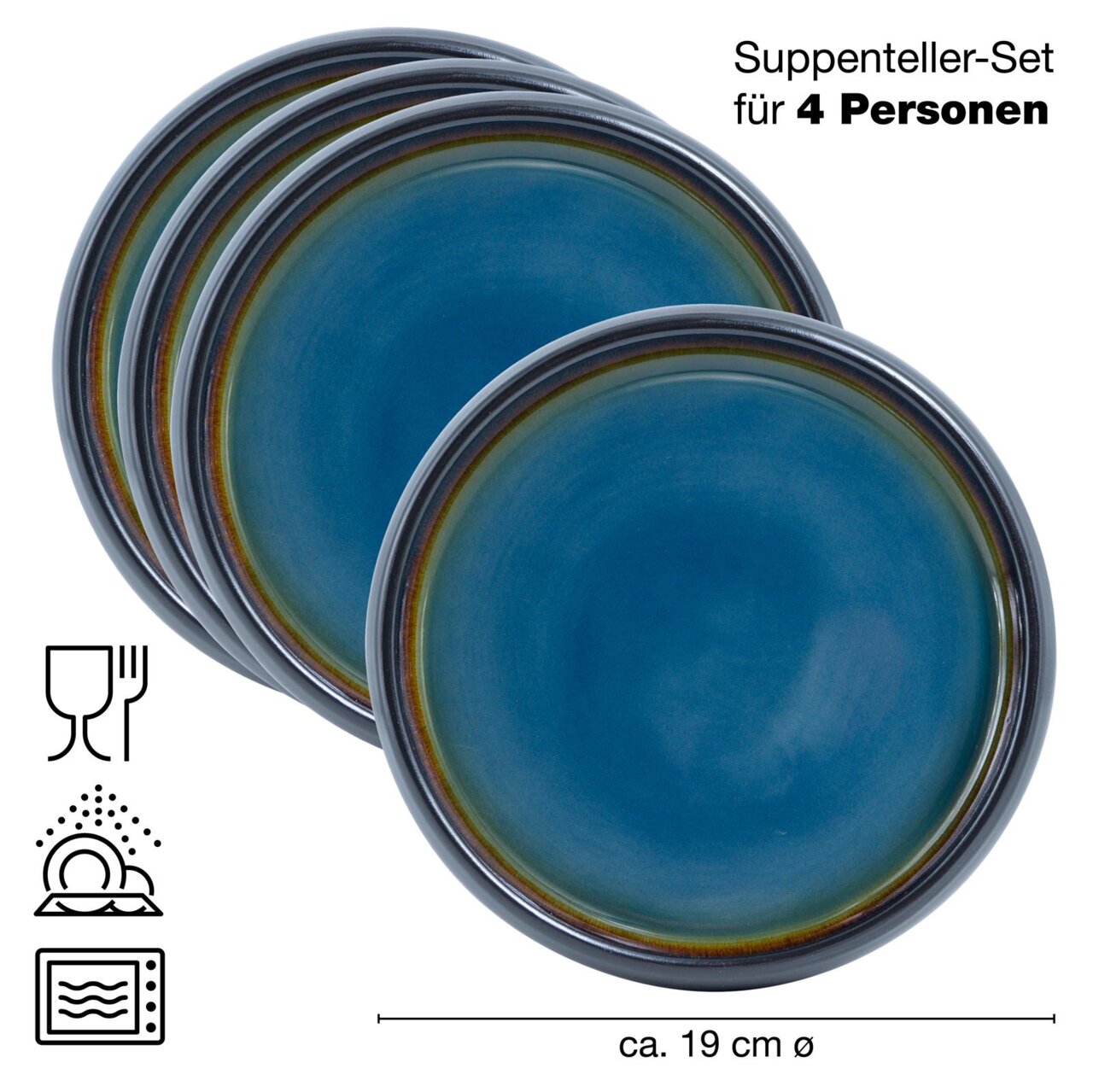 Vier blaue Suppenteller in einem Set, Ansicht von oben, geeignet für 4 Personen, ca. 19 cm Durchmesser.