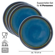Vier blaue Suppenteller in einem Set, Ansicht von oben, geeignet für 4 Personen, ca. 19 cm Durchmesser.