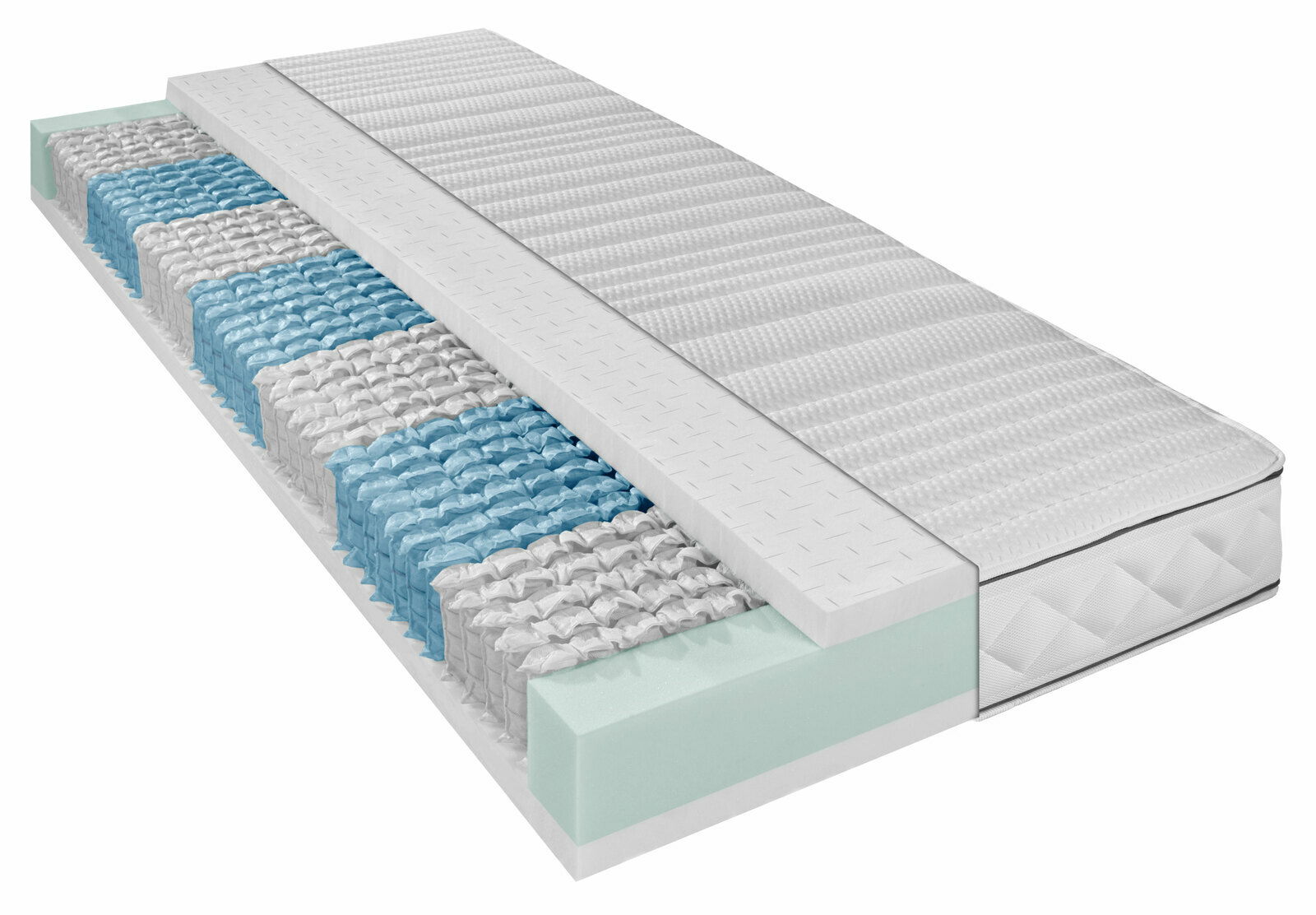 Linneweber Matratze 1000 TTFK H3 CURACAO Querschnitt einer Matratze mit Taschenfederkern und Schaumstoffschichten, seitliche Perspektive
