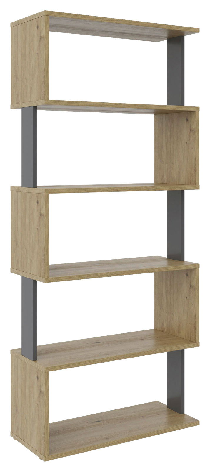 XORA Regal breit ARTLINE Modernes, breites Regal aus Holz mit fünf offenen Fächern und grauen vertikalen Stützen, seitliche Perspektive