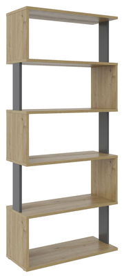 Modernes, breites Regal aus Holz mit fünf offenen Fächern und grauen vertikalen Stützen, seitliche Perspektive