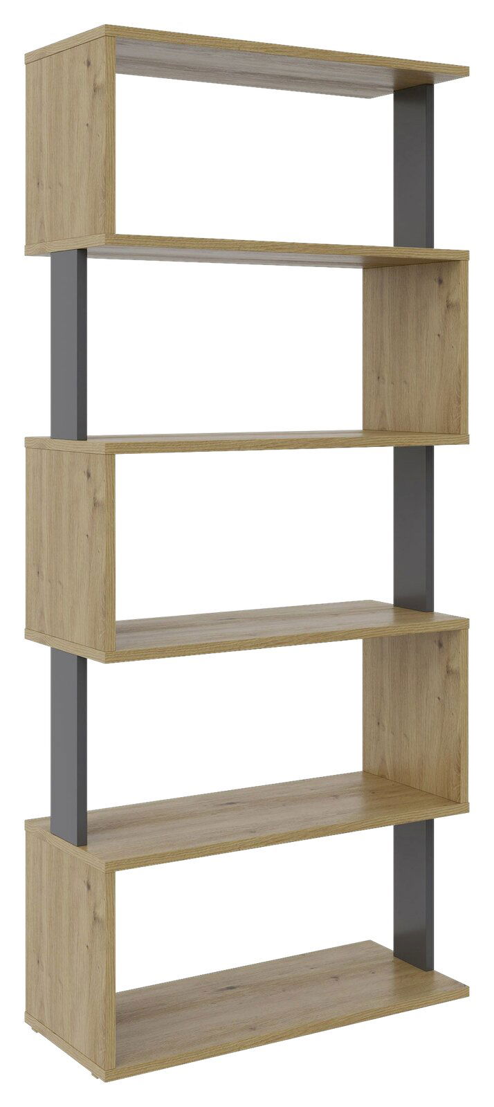 Modernes, breites Regal aus Holz mit fünf offenen Fächern und grauen vertikalen Stützen, seitliche Perspektive