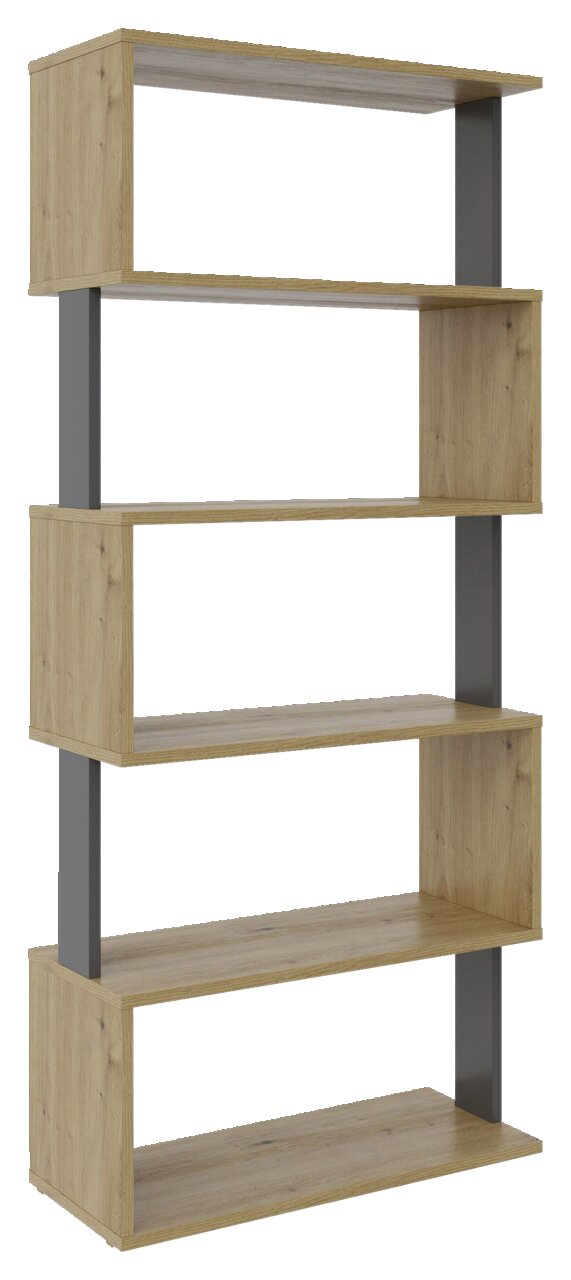 XORA Regal breit ARTLINE Modernes, breites Regal aus Holz mit fünf offenen Fächern und grauen vertikalen Stützen, seitliche Perspektive