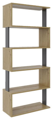 Modernes, breites Regal aus Holz mit fünf offenen Fächern und grauen vertikalen Stützen, seitliche Perspektive