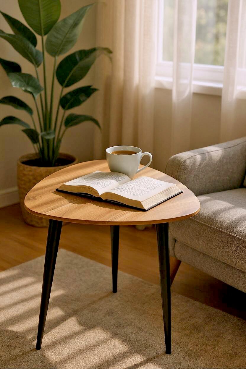 Runder Beistelltisch mit heller Holzplatte und schwarzen Metallbeinen neben einem Sofa, darauf eine Tasse Tee und ein aufgeschlagenes Buch, fotografiert aus leicht erhöhter schräger Vorderansicht.