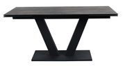 Moderner Esstisch mit V-förmigem Gestell aus schwarzem Metall, seitliche Perspektive