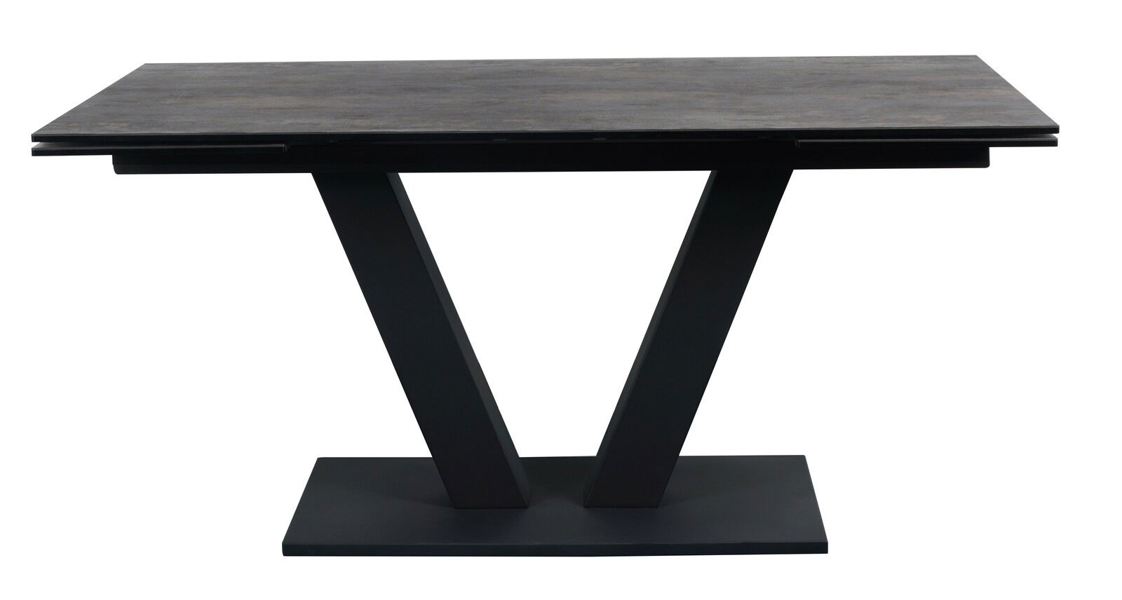 Moderner Esstisch mit V-förmigem Gestell aus schwarzem Metall, seitliche Perspektive