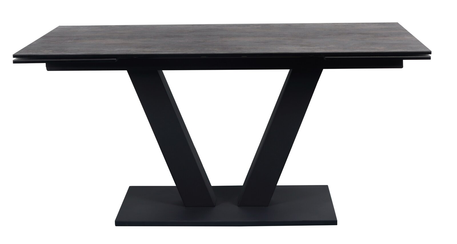 Moderner Esstisch mit V-förmigem Gestell aus schwarzem Metall, seitliche Perspektive