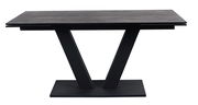 Moderner Esstisch mit V-förmigem Gestell aus schwarzem Metall, seitliche Perspektive