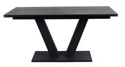 Moderner Esstisch mit V-förmigem Gestell aus schwarzem Metall, seitliche Perspektive
