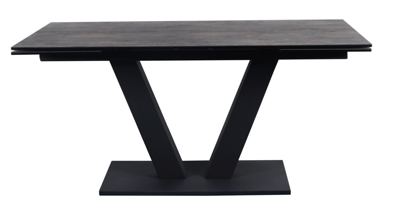 Moderner Esstisch mit V-förmigem Gestell aus schwarzem Metall, seitliche Perspektive